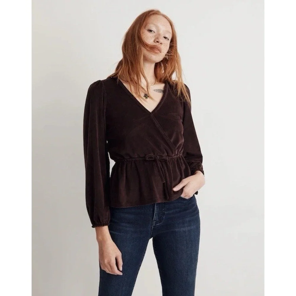 Madewell Womens XS‎ Brown Spiced Raisin Corduroy Tie-Front Faux-Wrap Top Blouse